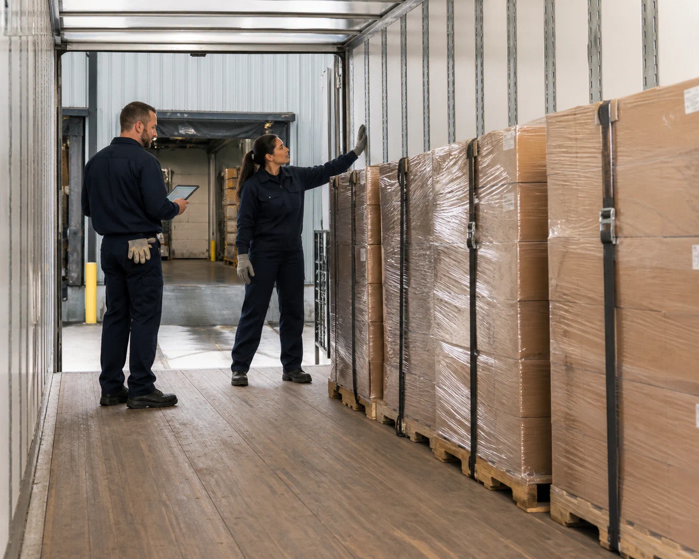 Two truckload specialists checking pallet clearance and available trailer space