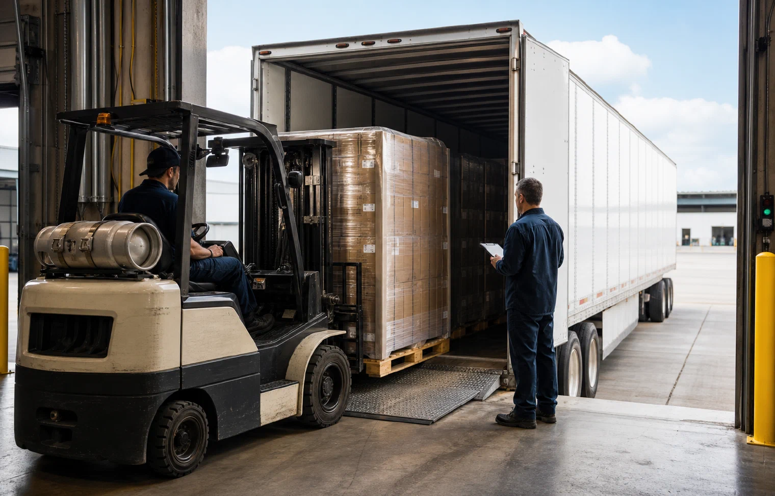 A forklift operator loading secured pallets into a dedicated dry-van trailer
