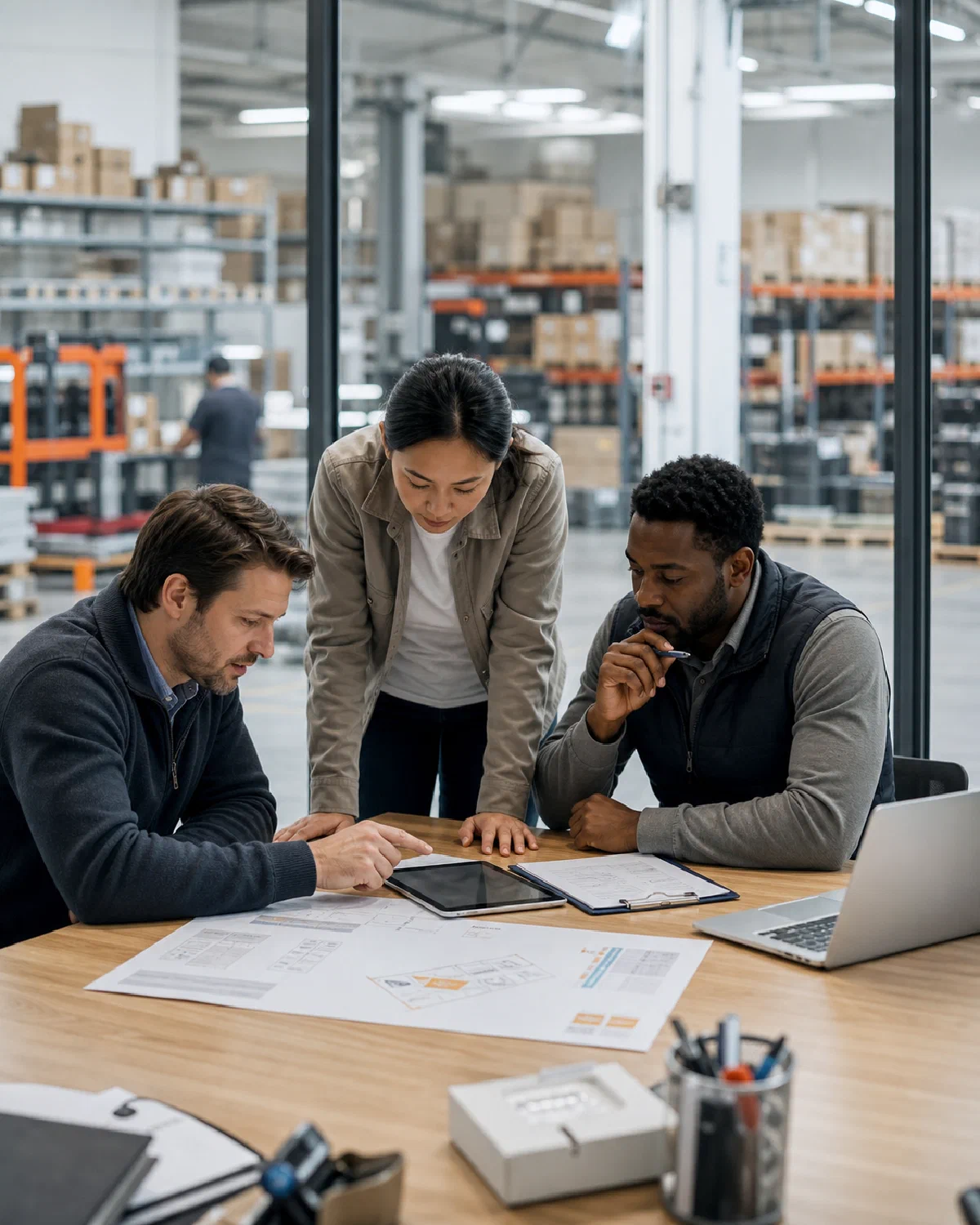 Logistics professionals reviewing an operating plan beside a fulfillment warehouse
