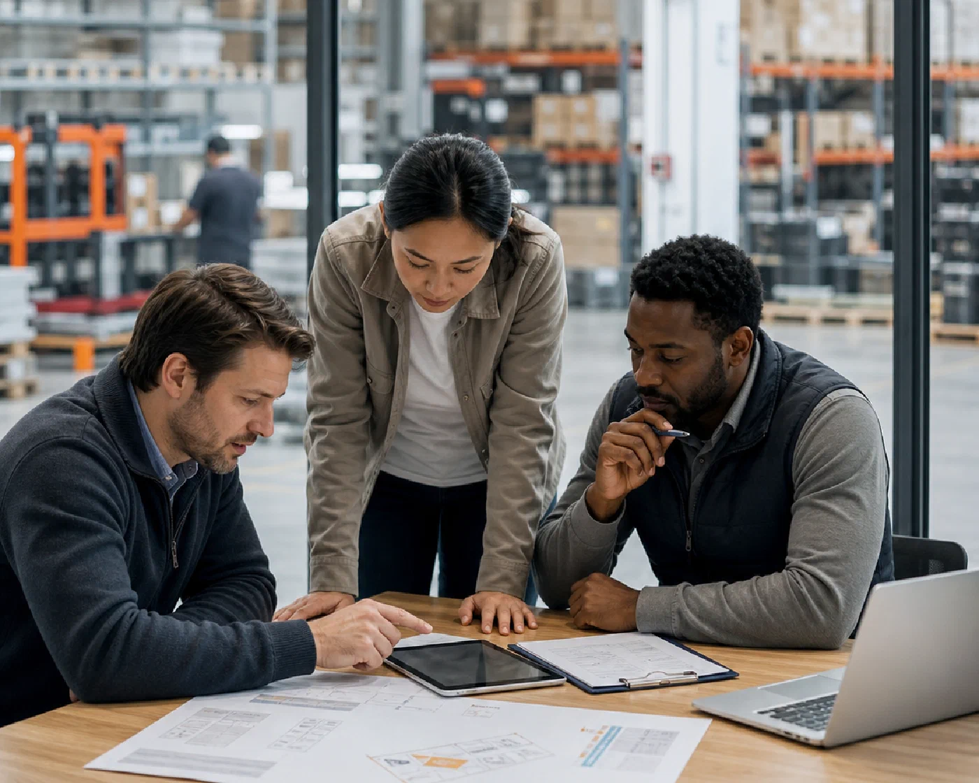 Logistics professionals reviewing an operating plan beside a fulfillment warehouse