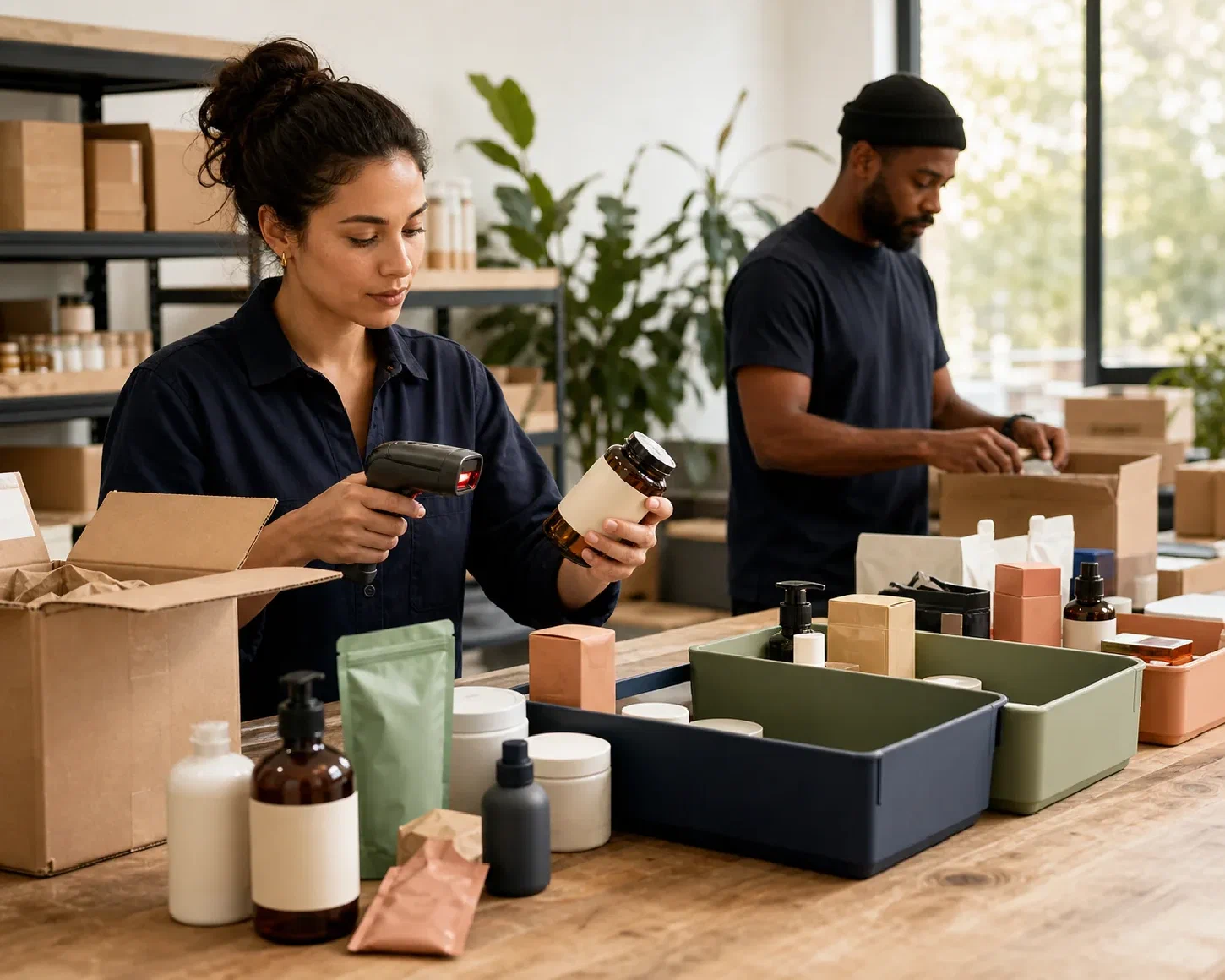 Returned health and wellness products being scanned and sorted by condition
