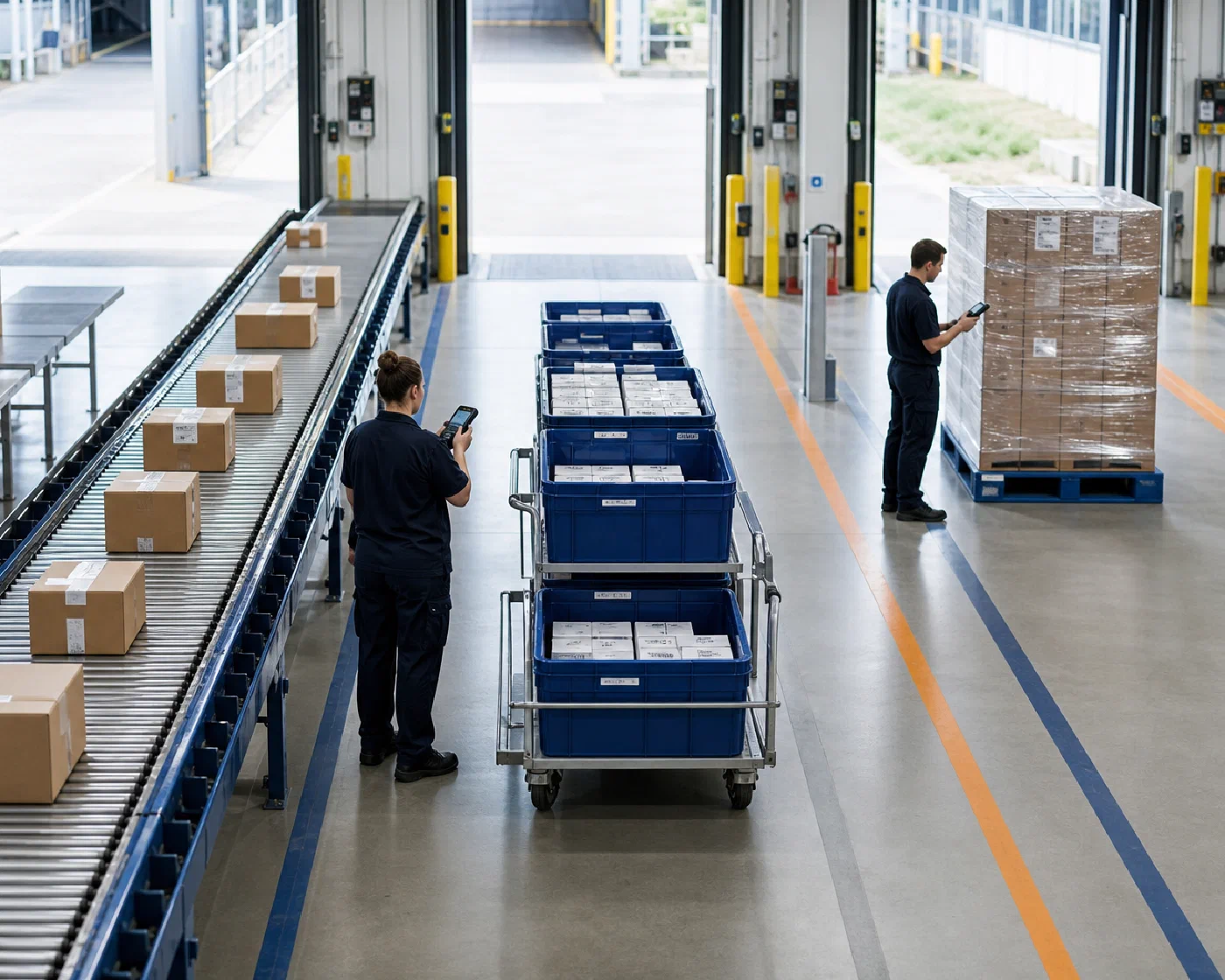 Parcel, tote and pallet lanes prepared for different healthcare distribution routes