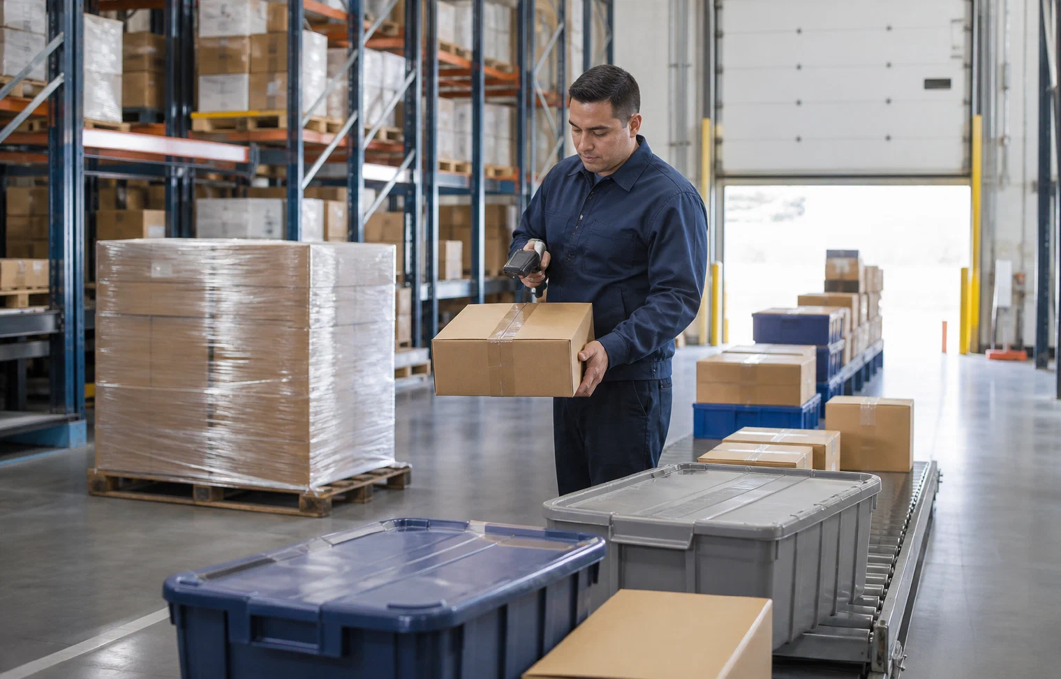 A distribution specialist scanning a sealed healthcare shipment beside parcel, tote and pallet lanes