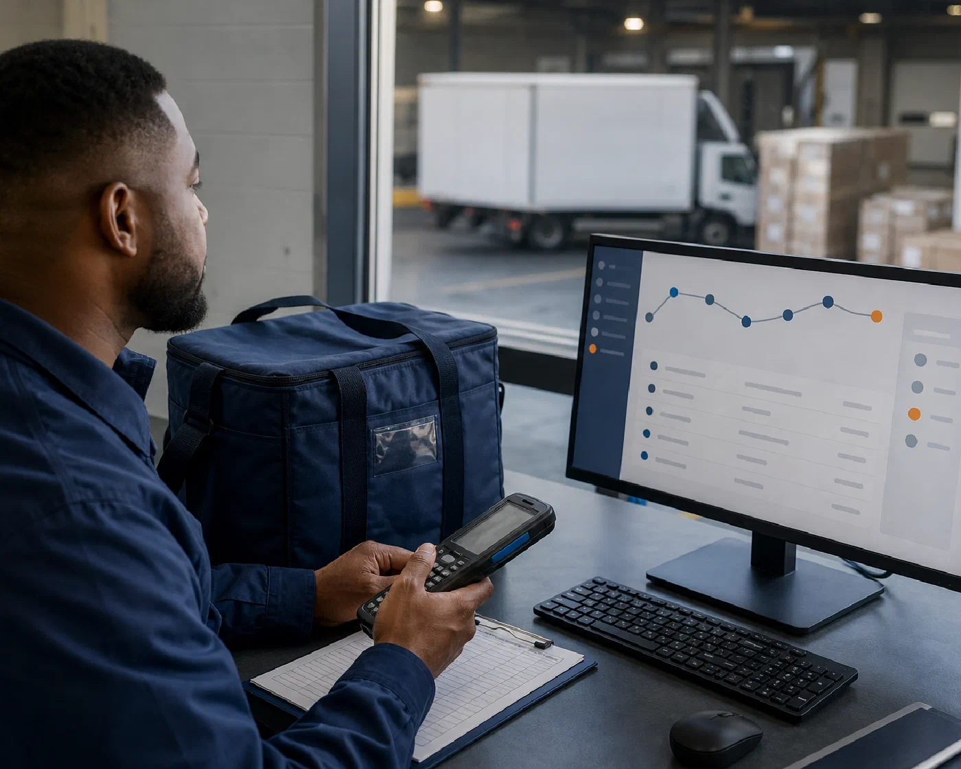 A distribution specialist reviewing delivery status and an open shipment exception