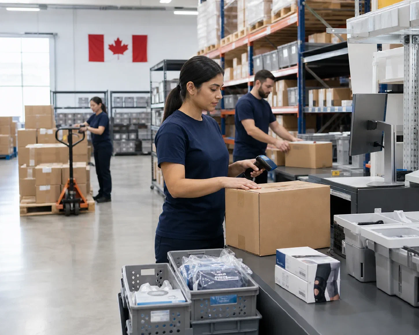 Healthcare products being received, scanned and prepared in an organized fulfillment operation