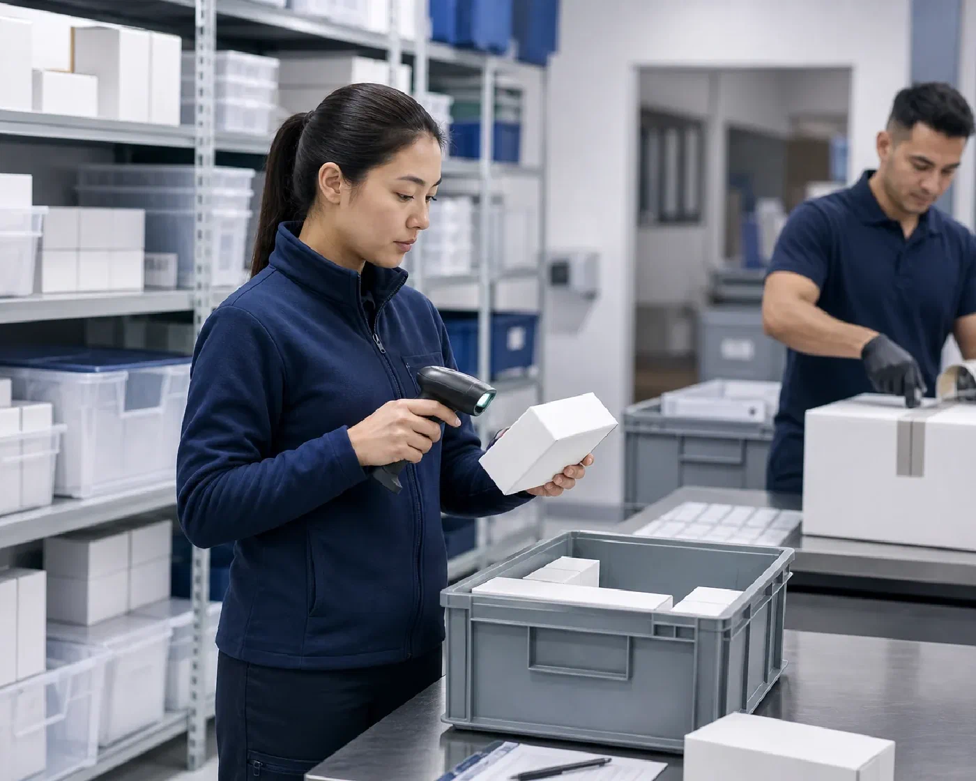 A healthcare logistics specialist scanning a sealed product carton while an outbound case is prepared
