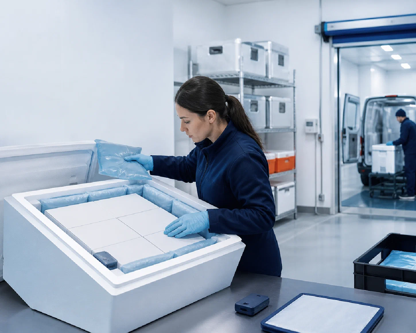 Temperature-sensitive healthcare products being packed from documented handling requirements