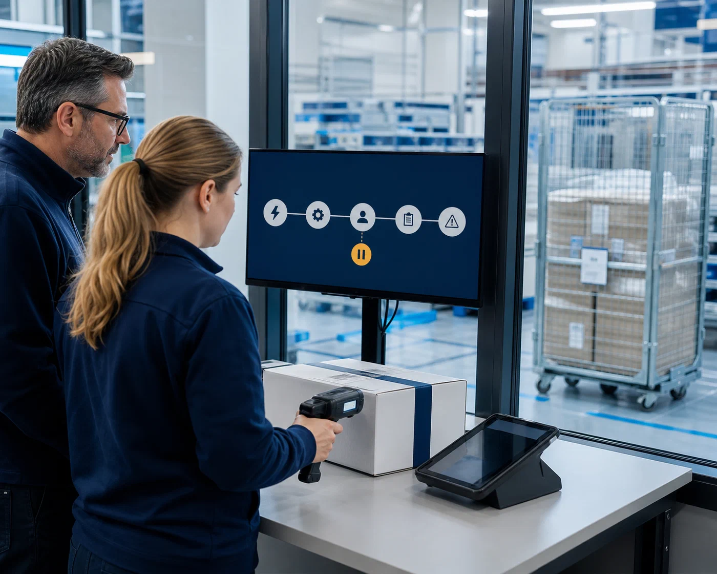 A healthcare warehouse team reviewing a paused movement before authorization