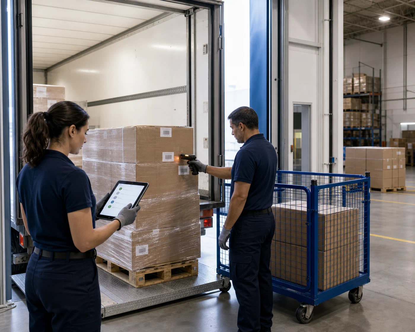 Healthcare product cartons being scanned and inspected at a receiving dock