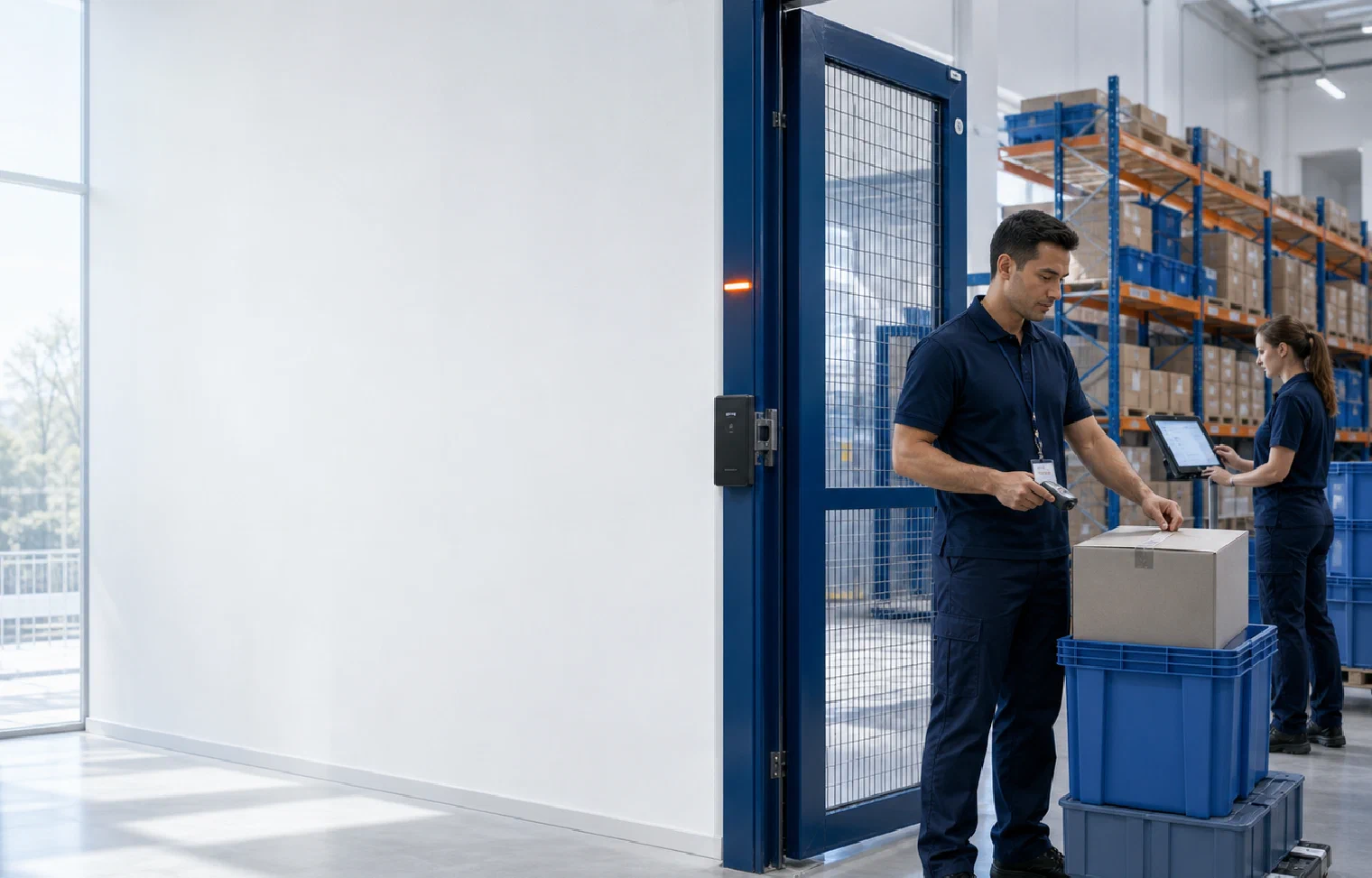 An authorized specialist scanning healthcare inventory at a secure warehouse zone