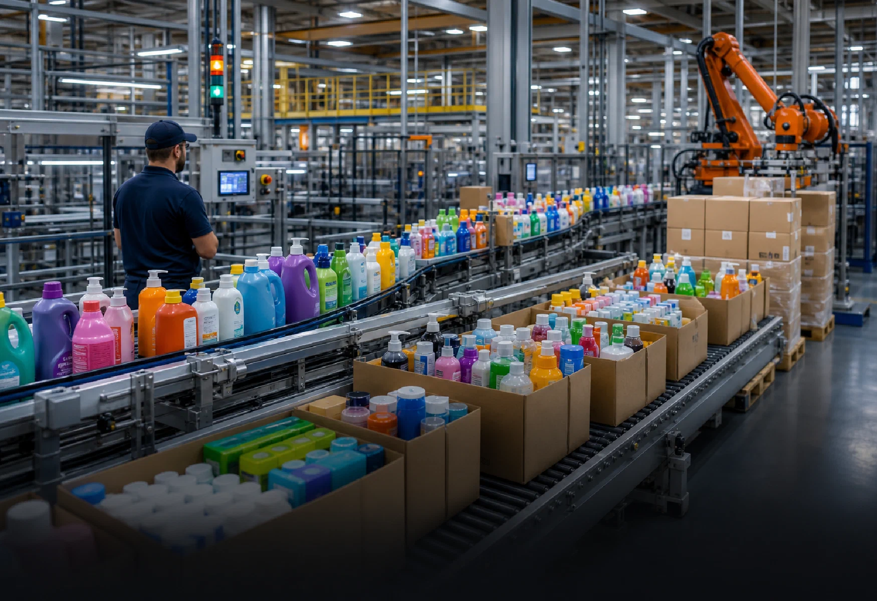 Consumer packaged goods moving through a coordinated warehouse and distribution operation