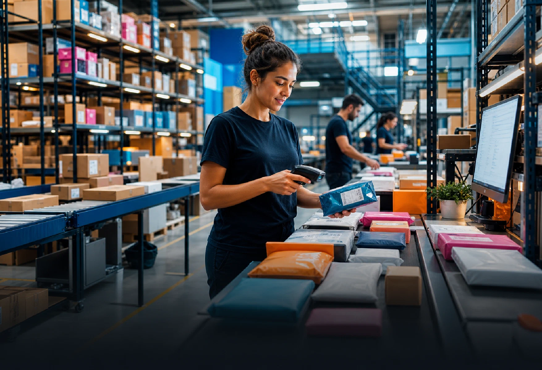 E-commerce orders moving through an organized fulfillment warehouse