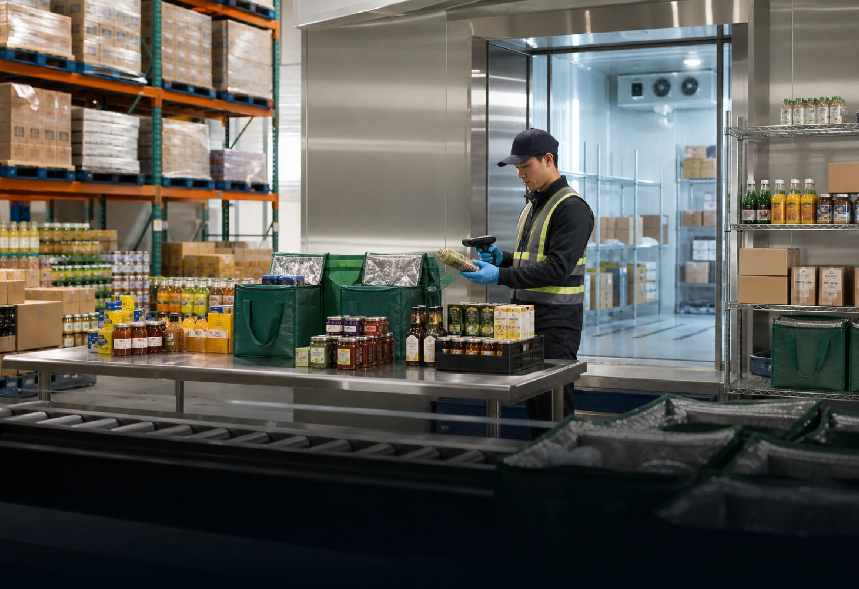 Sealed packaged food and beverage products moving through a modern fulfillment operation