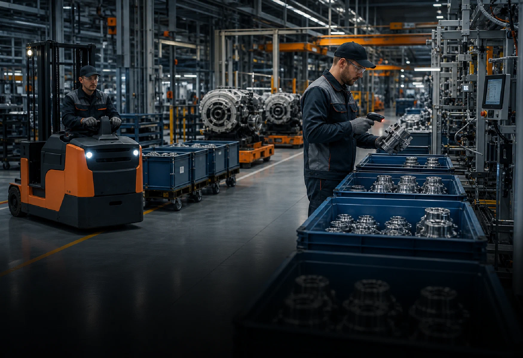 Industrial components moving between supplier freight, warehousing and production
