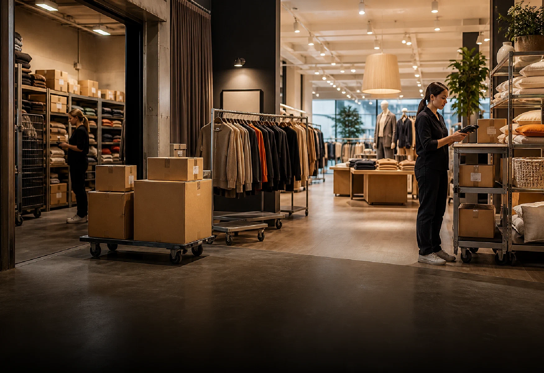 Retail inventory moving through a modern distribution warehouse