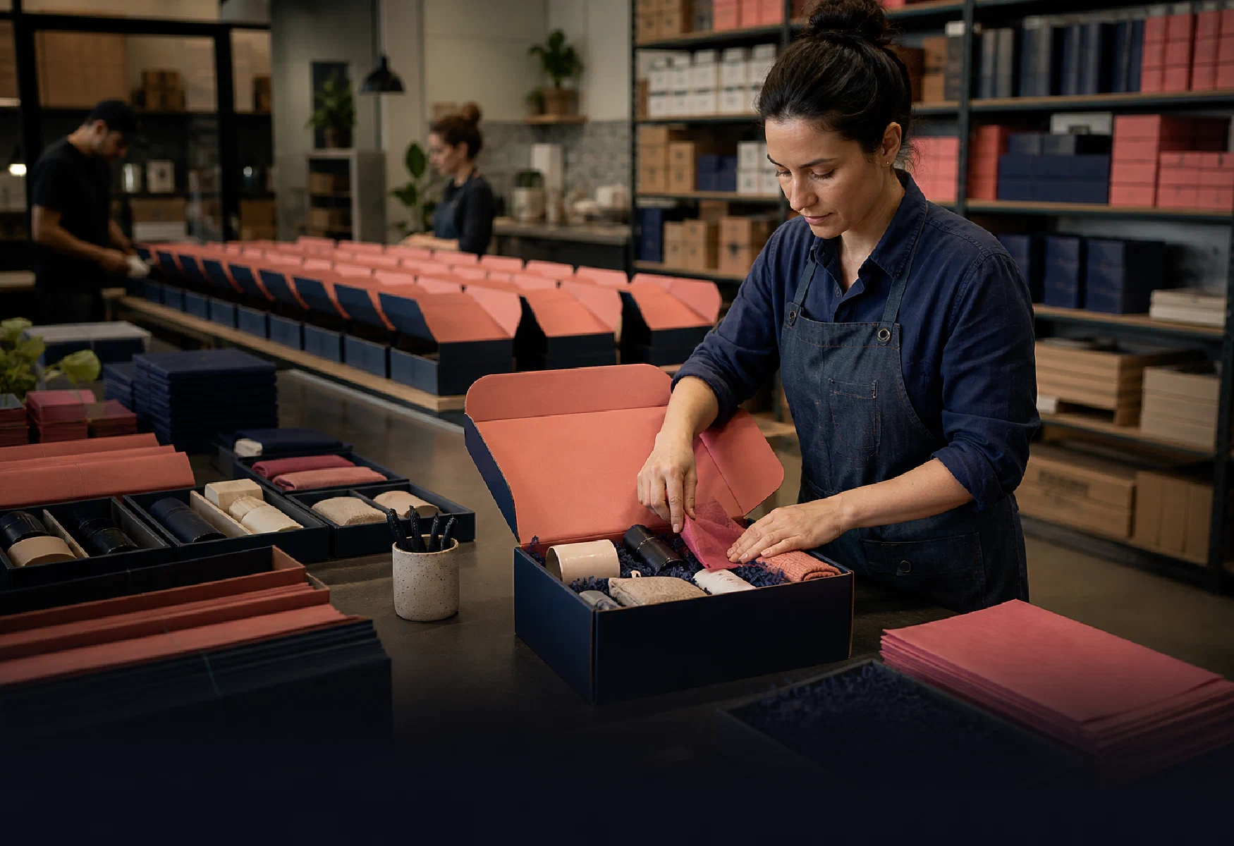 A subscription fulfillment team assembling recurring multi-product boxes