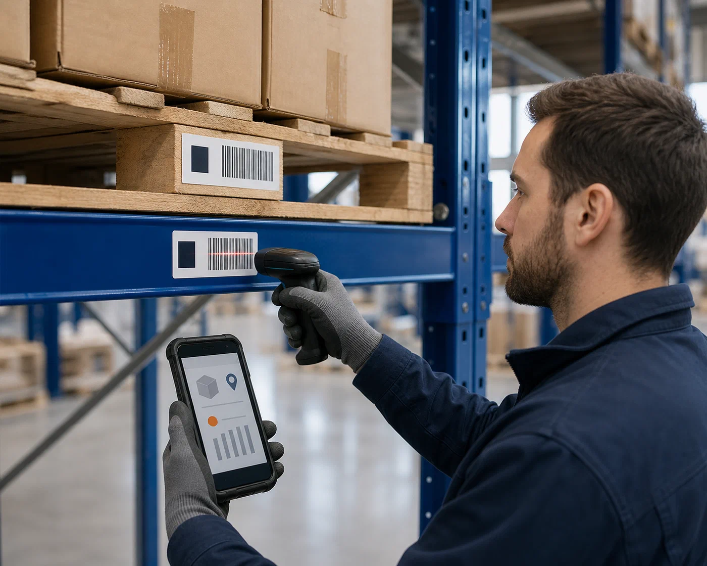 An inventory specialist scanning a rack location and the handling unit stored there