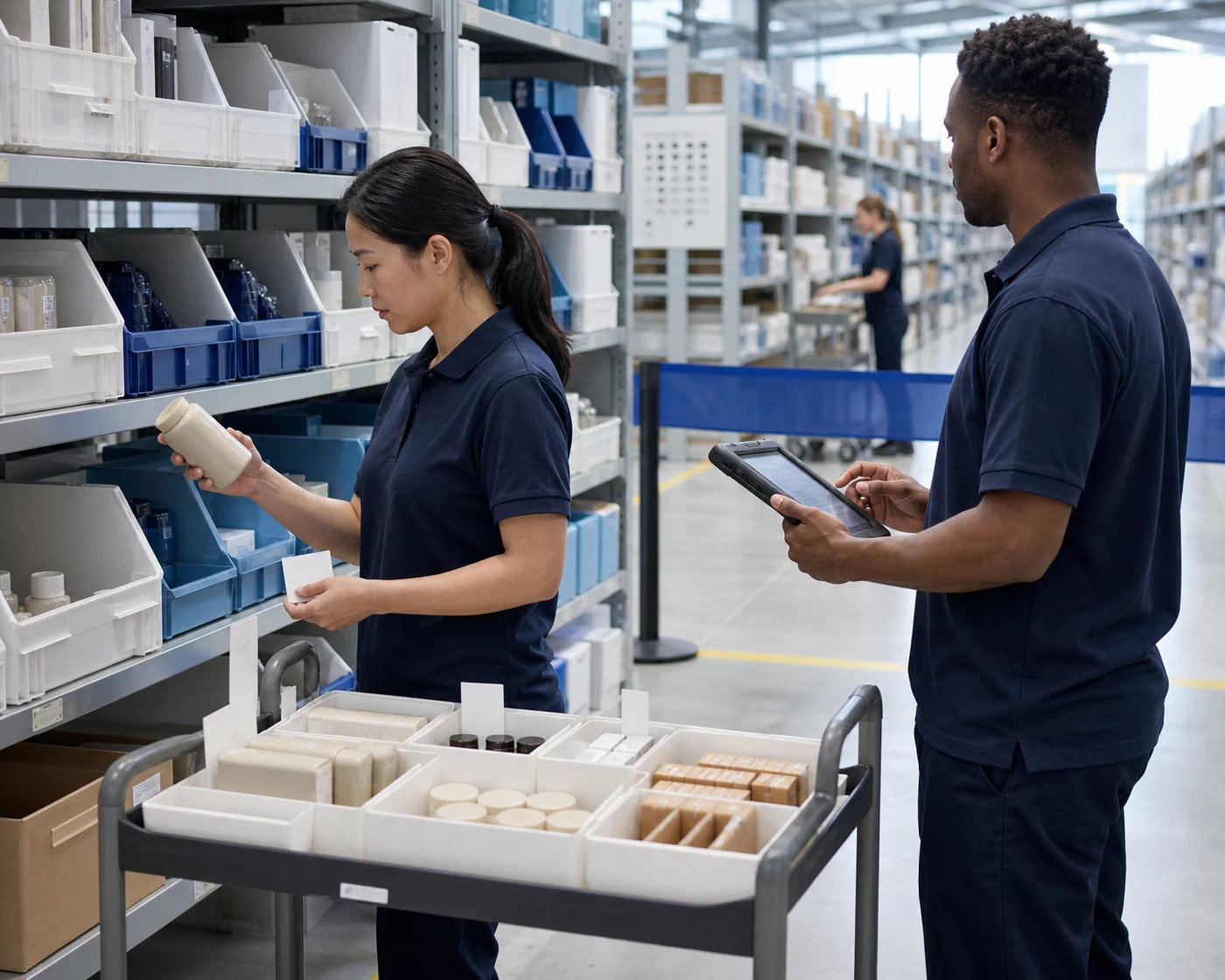 Two inventory auditors completing a controlled cycle count in a forward-pick area