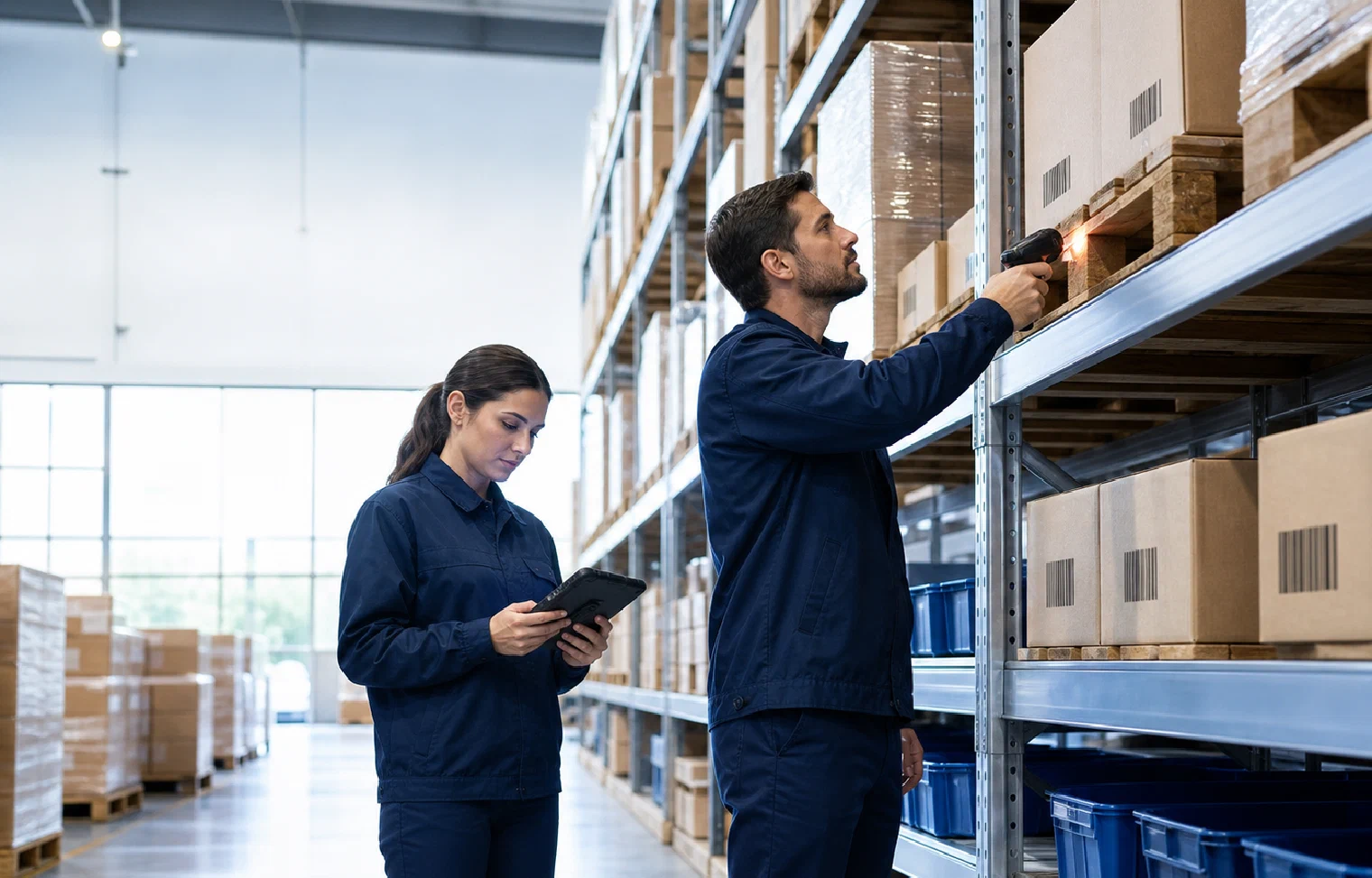 Inventory specialists scanning warehouse stock and confirming a physical count