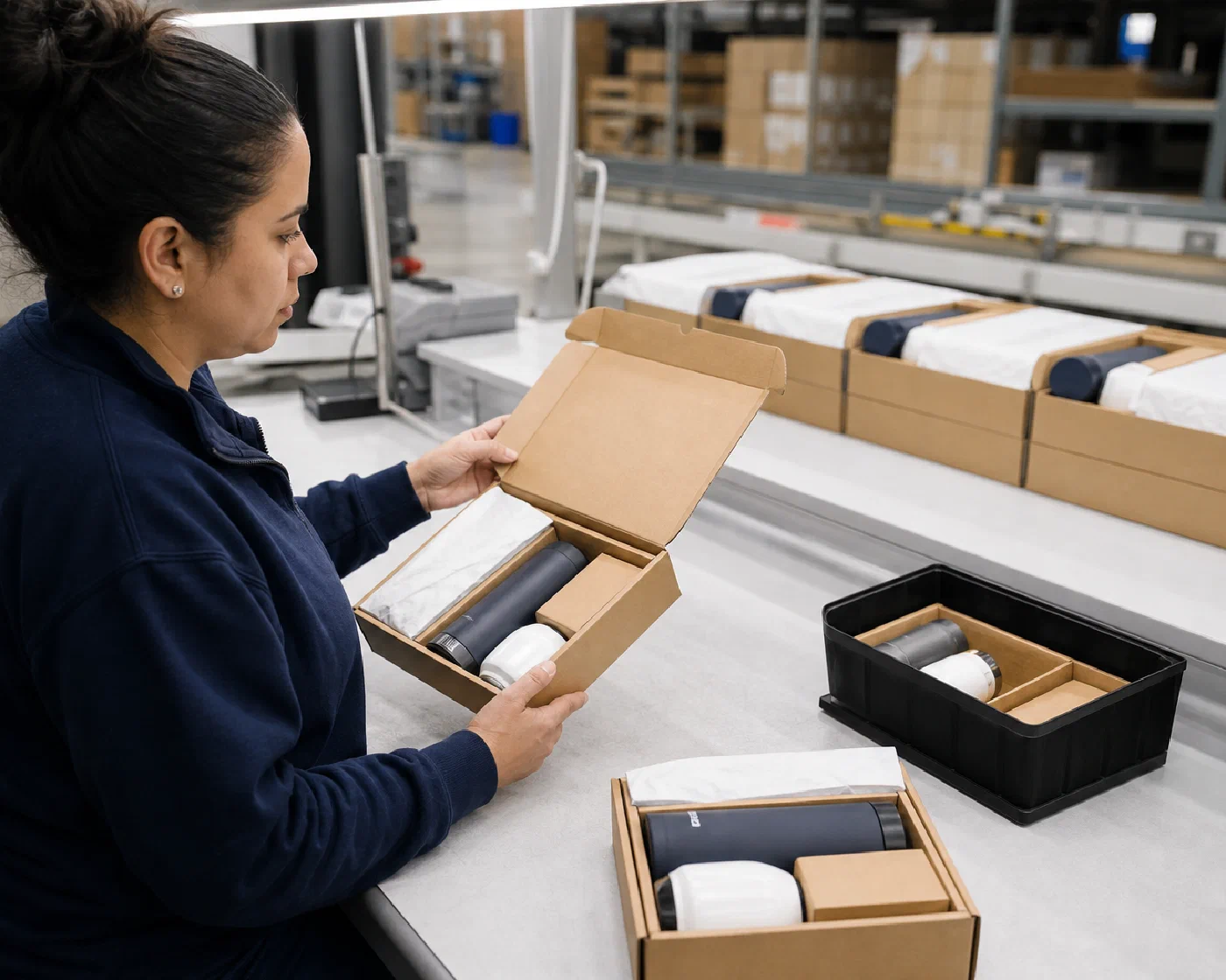 A specialist inspecting a completed product kit at a warehouse quality station