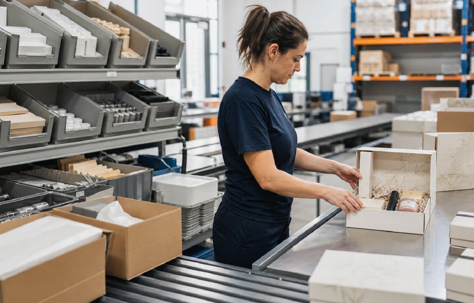 A warehouse specialist assembling a multi-product gift kit at an organized work cell