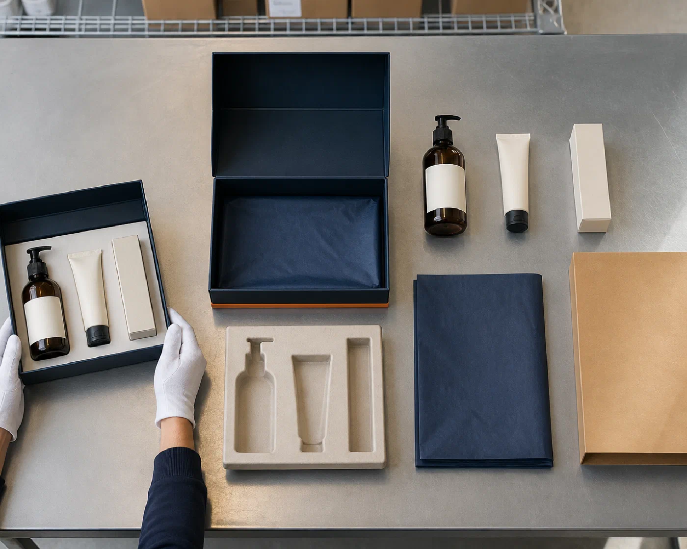 A finished reference kit beside its staged components and packaging