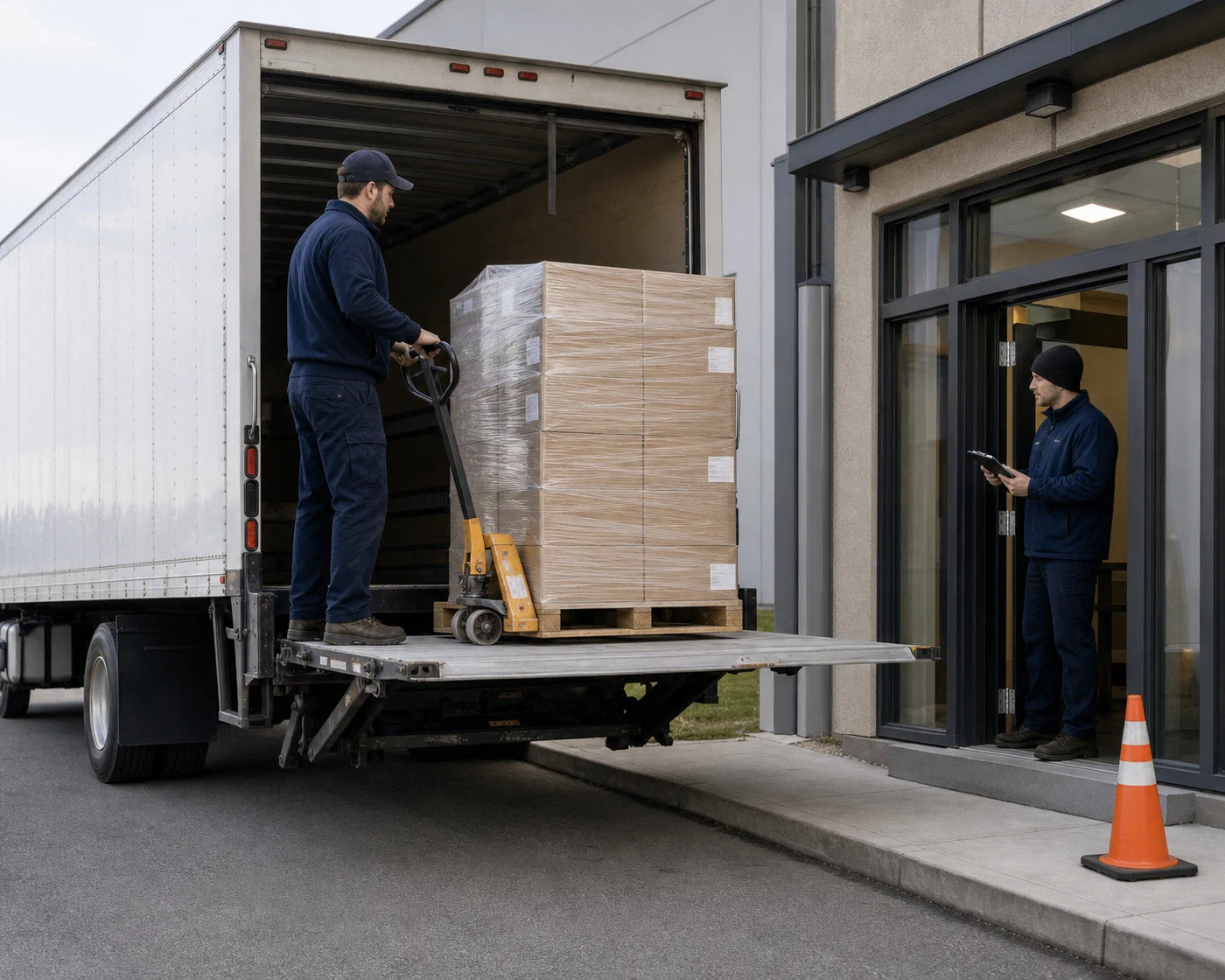An LTL pallet being delivered by liftgate at a commercial receiving entrance