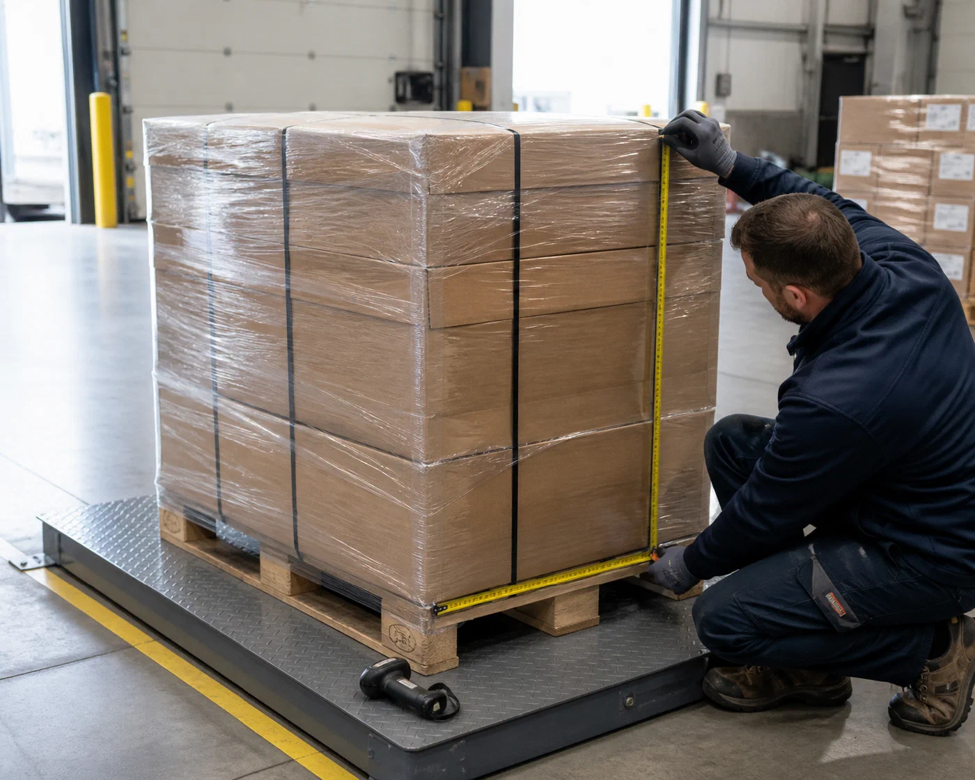 A warehouse specialist measuring secured pallet freight on a floor scale