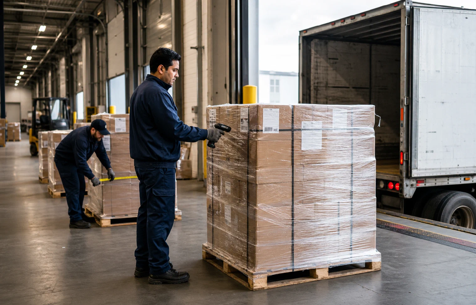 Two logistics operators measuring and scanning secured pallet freight beside an open trailer