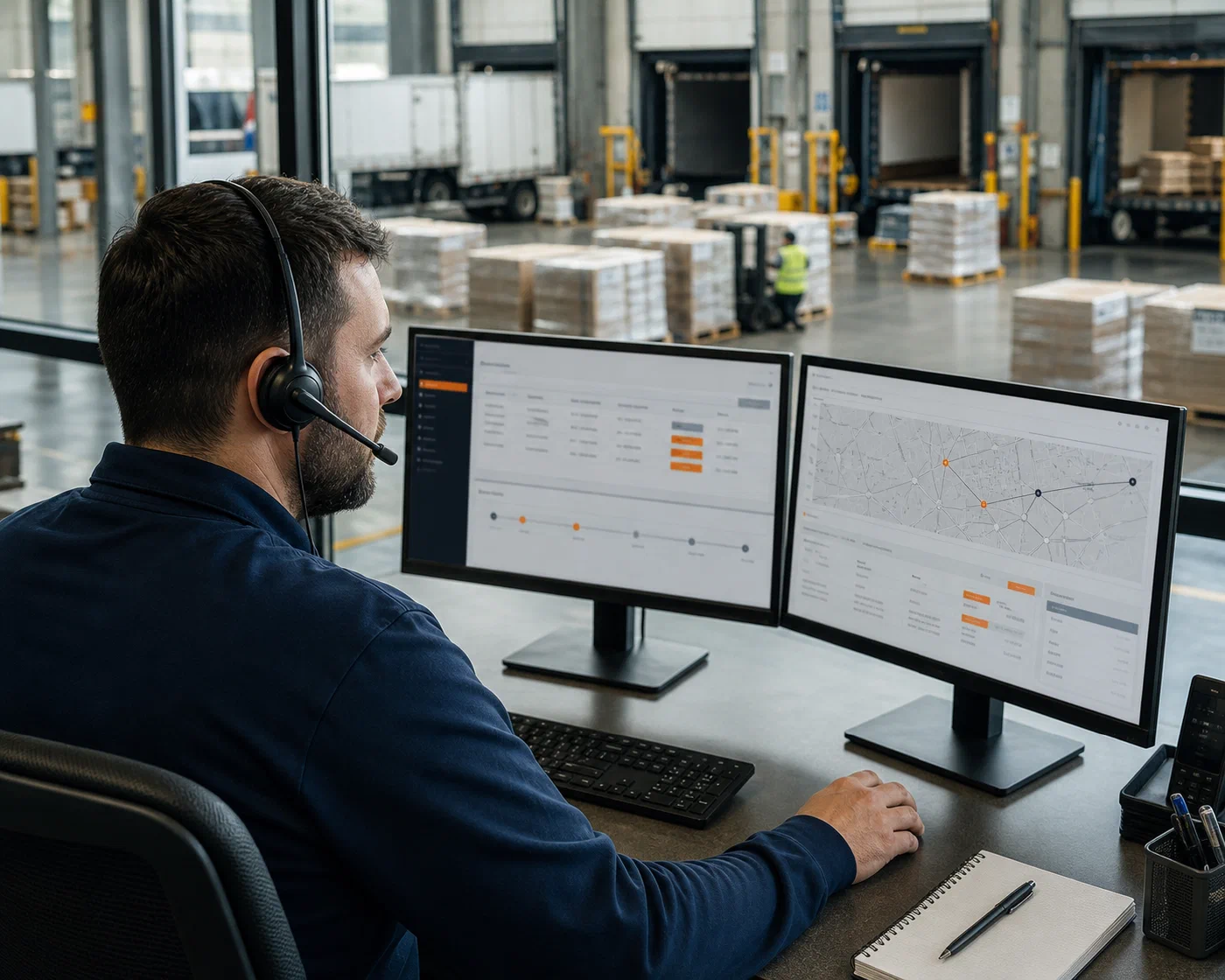 An LTL coordinator monitoring pallet freight across an active cross-dock