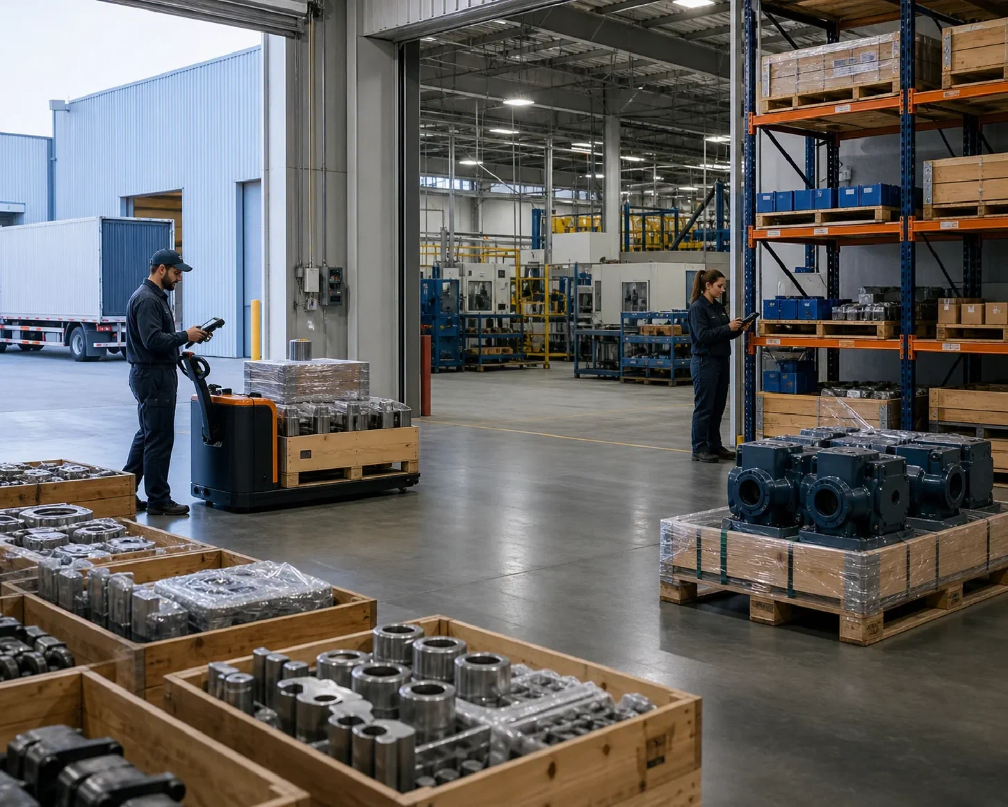 Industrial components and finished goods positioned around a manufacturing operation