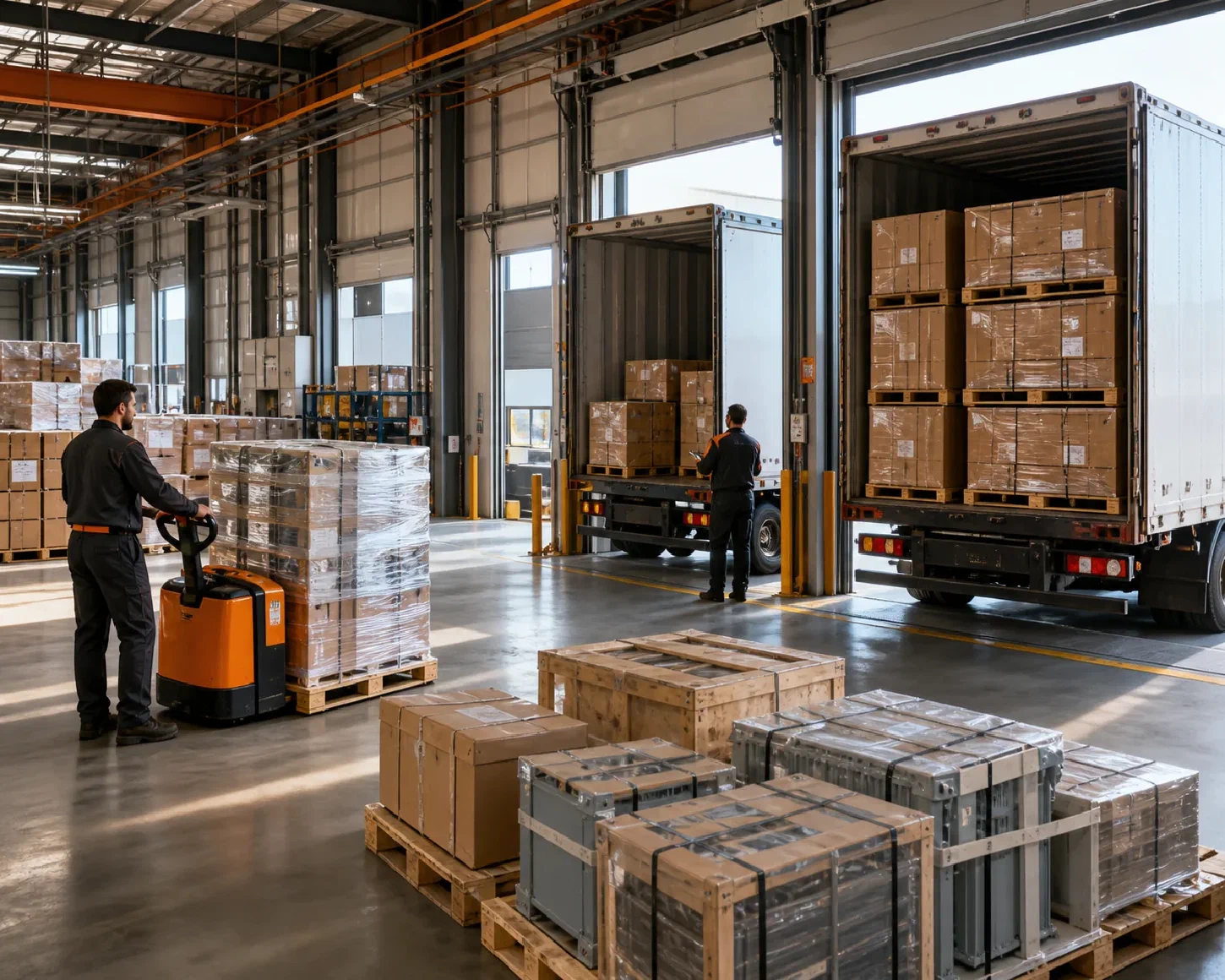 Finished industrial goods staged for LTL and full truckload distribution