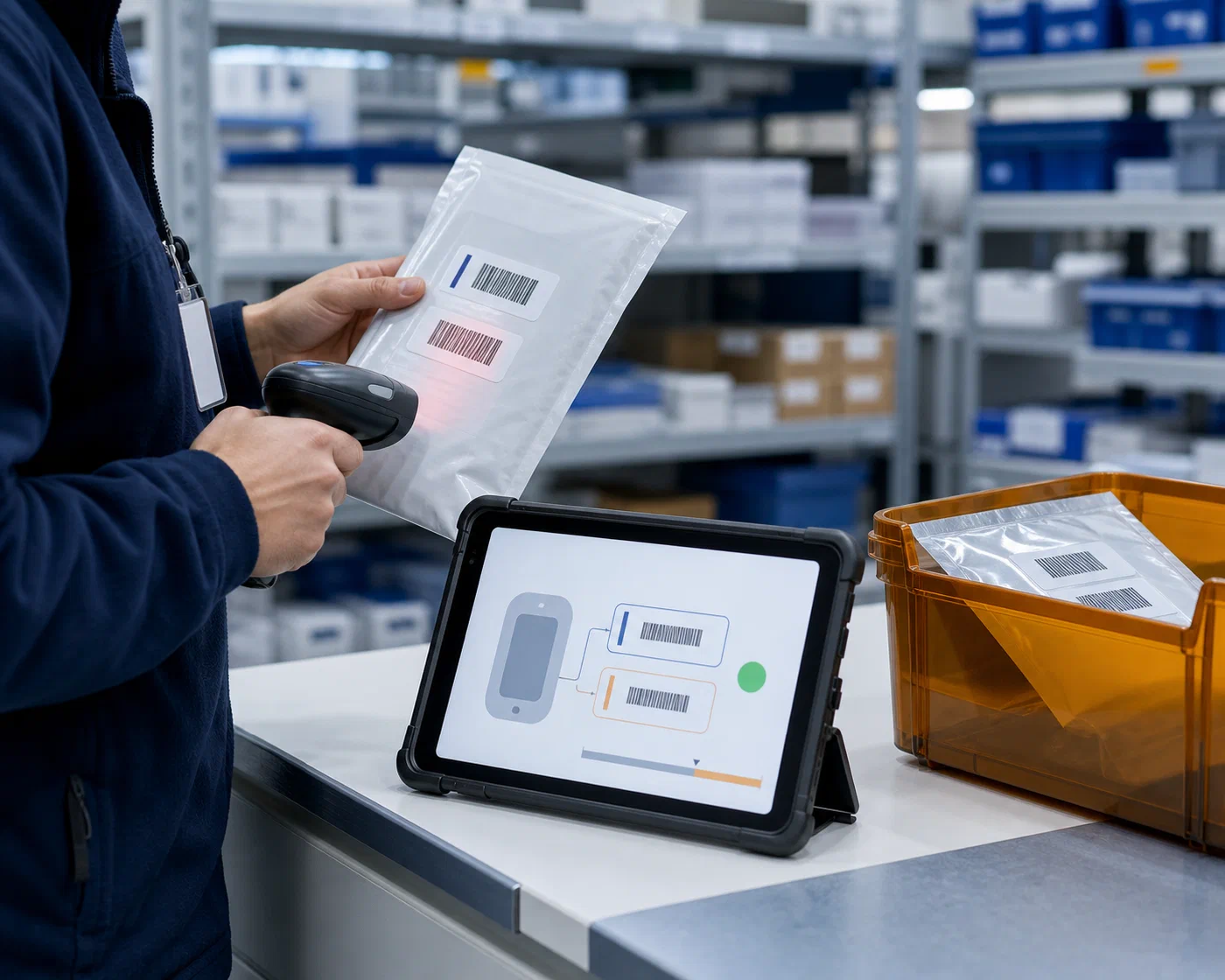 A specialist scanning product and production identifiers on a sealed medical device package