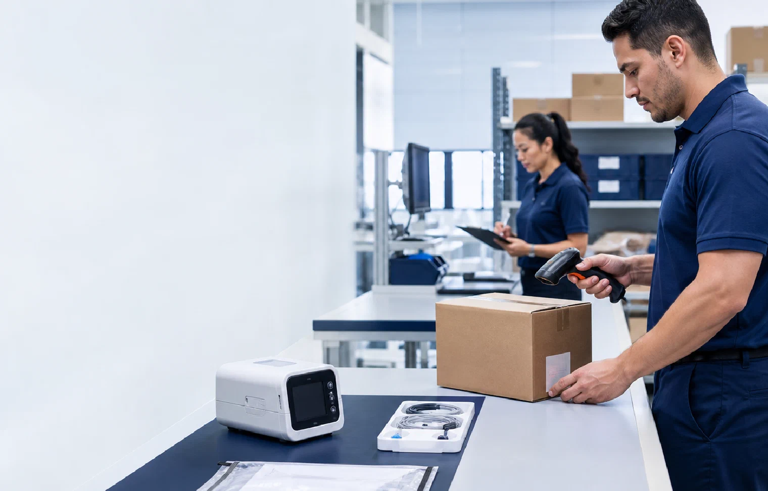 A specialist scanning a sealed medical device order beside its verified accessories and documents
