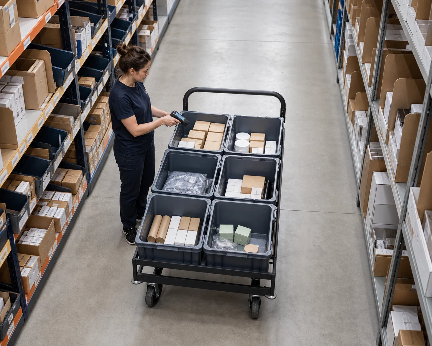 An associate scanning a multi-order batch-picking cart in a warehouse aisle