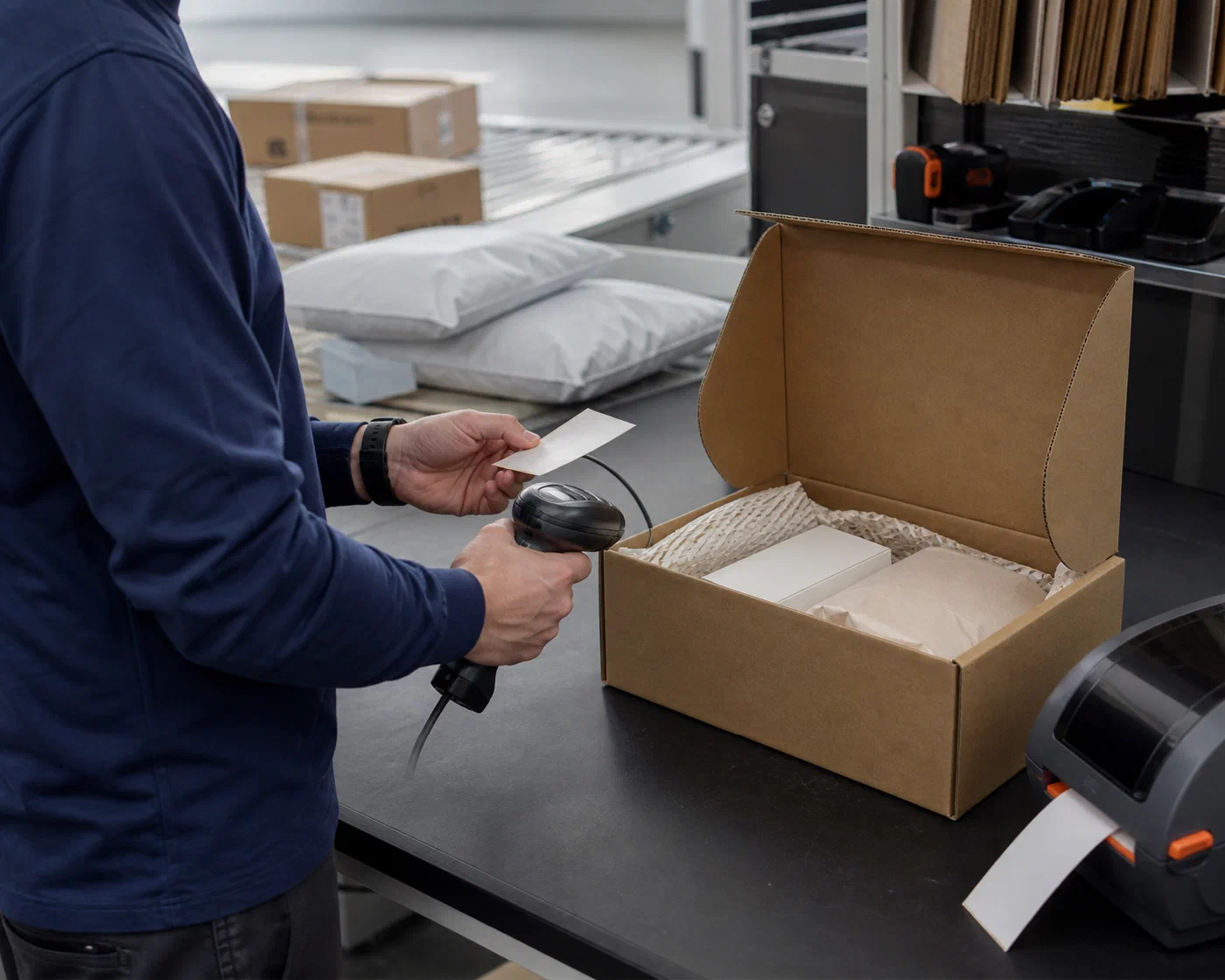 A packer completing final scan verification beside an open right-sized carton