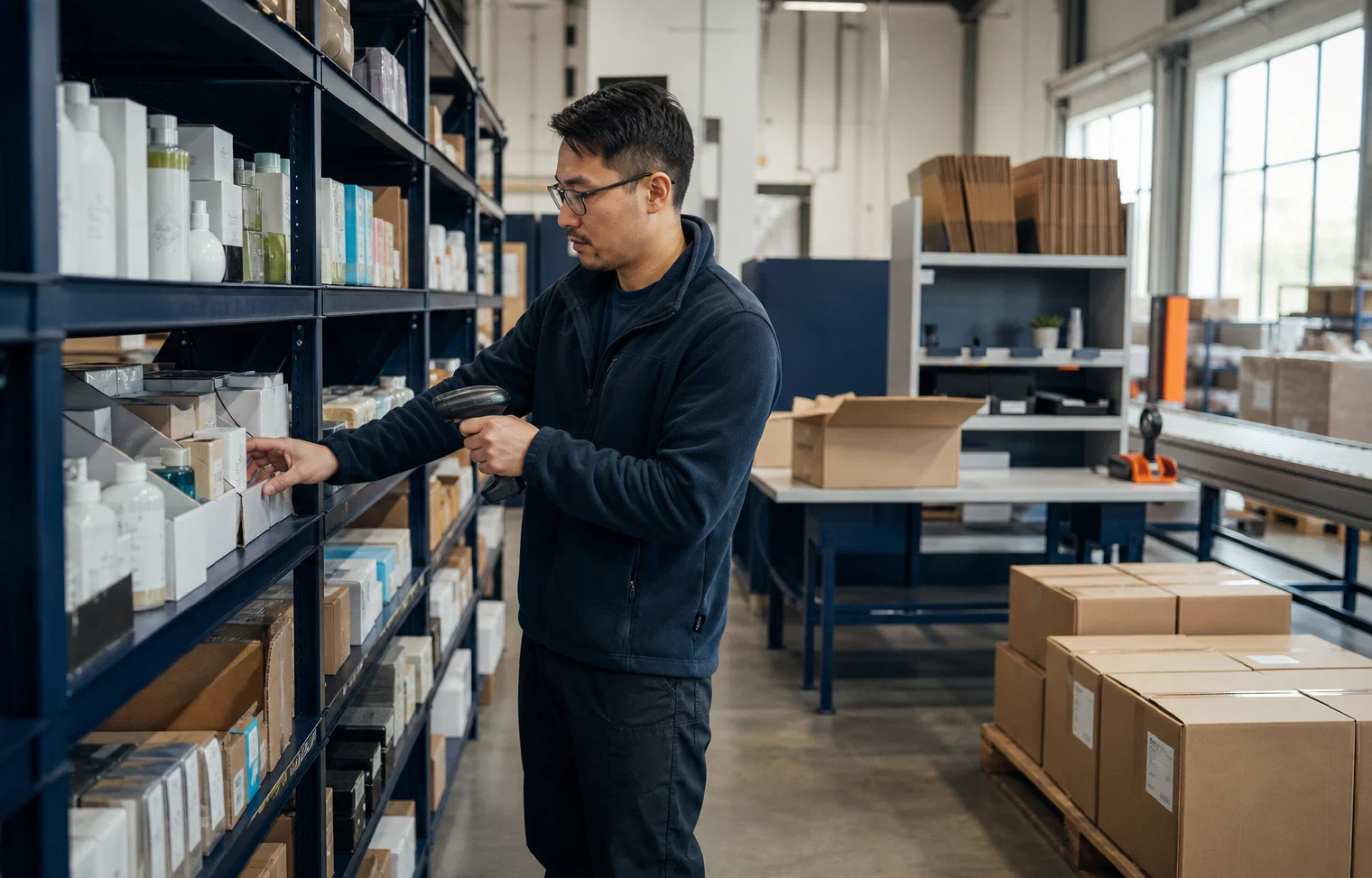 A fulfillment associate scanning an item at the pick face with a packing station beyond