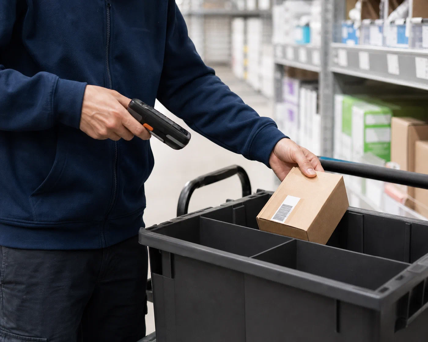 An associate scanning a product into a divided order-picking tote