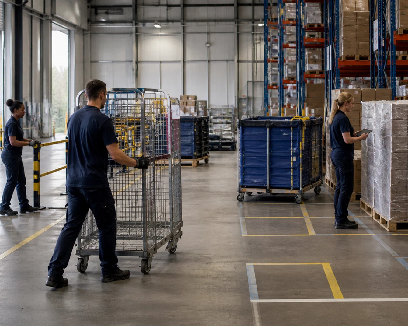 Warehouse associates adapting shared staging capacity for a seasonal inventory increase
