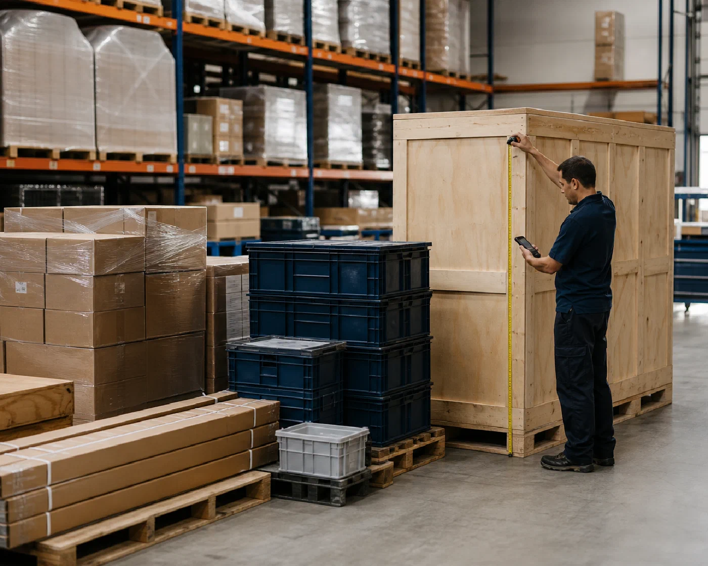 A warehouse associate profiling pallets, totes, long products and an oversized crate