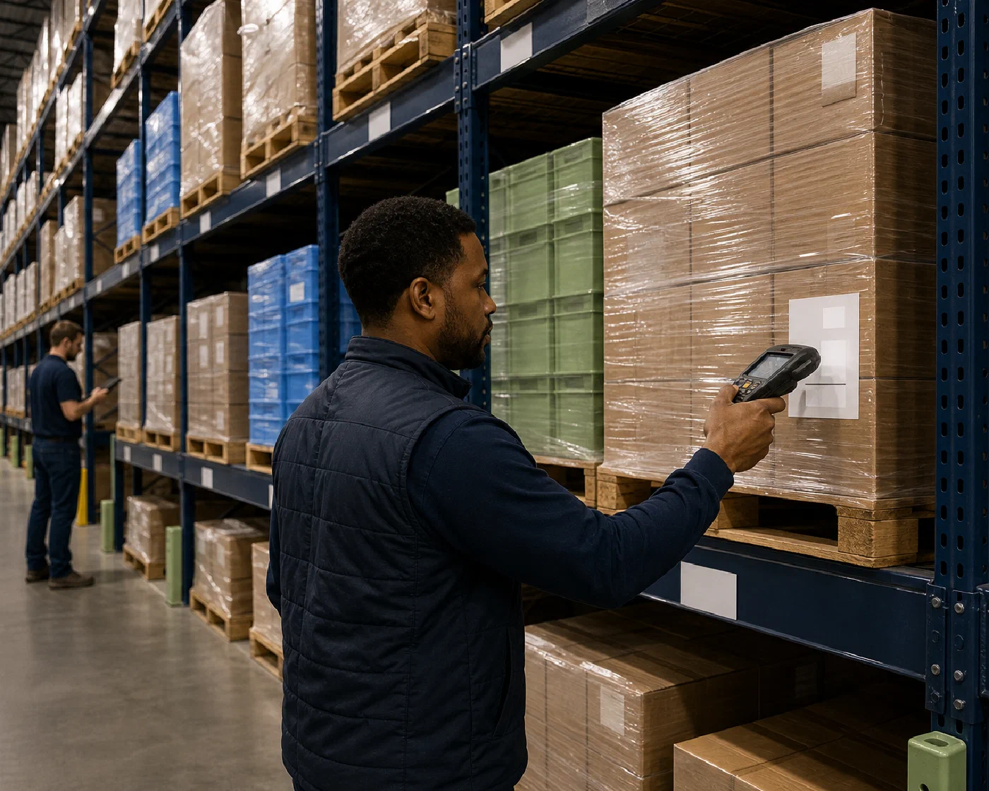 A warehouse associate scanning a distinct pallet and its shared-warehouse location