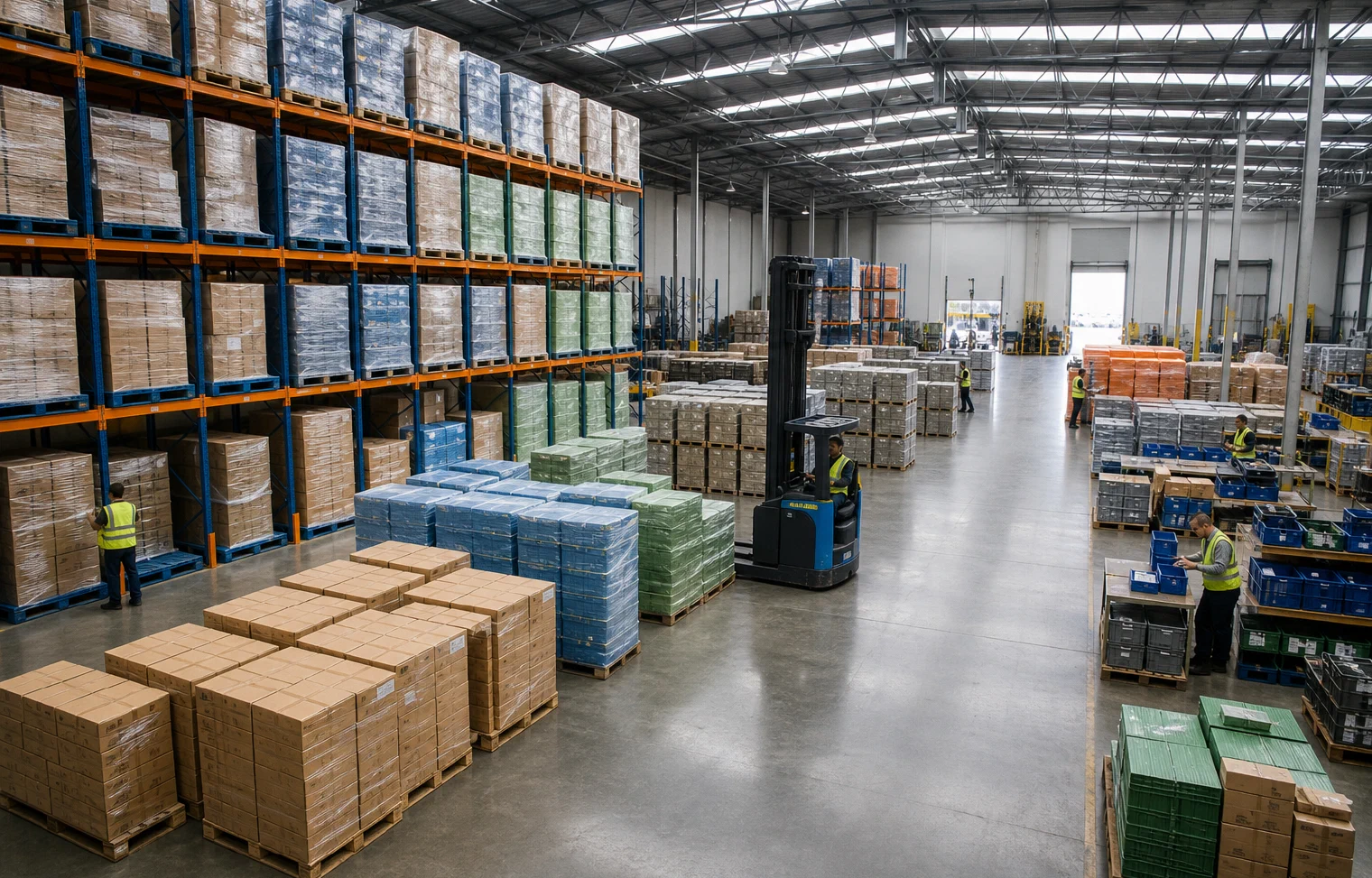A modern shared warehouse with clearly separated inventory zones and flexible storage capacity