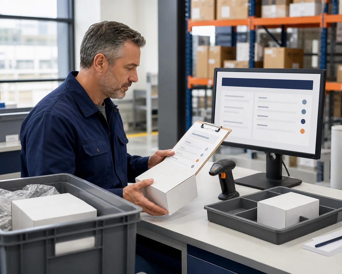 A logistics coordinator reconciling returned healthcare cartons against a current status record