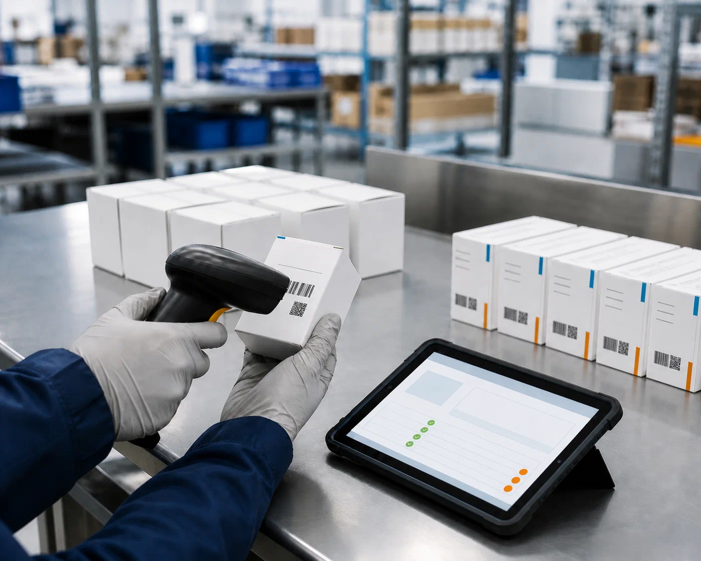 A healthcare carton being scanned against an abstract scope record