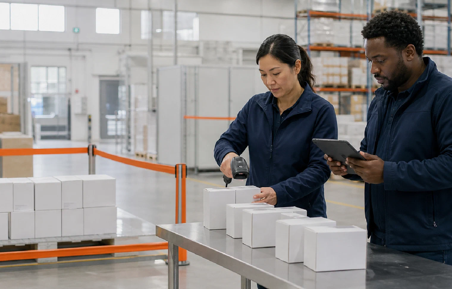 Two logistics specialists scanning and isolating unbranded healthcare cartons in a controlled warehouse area