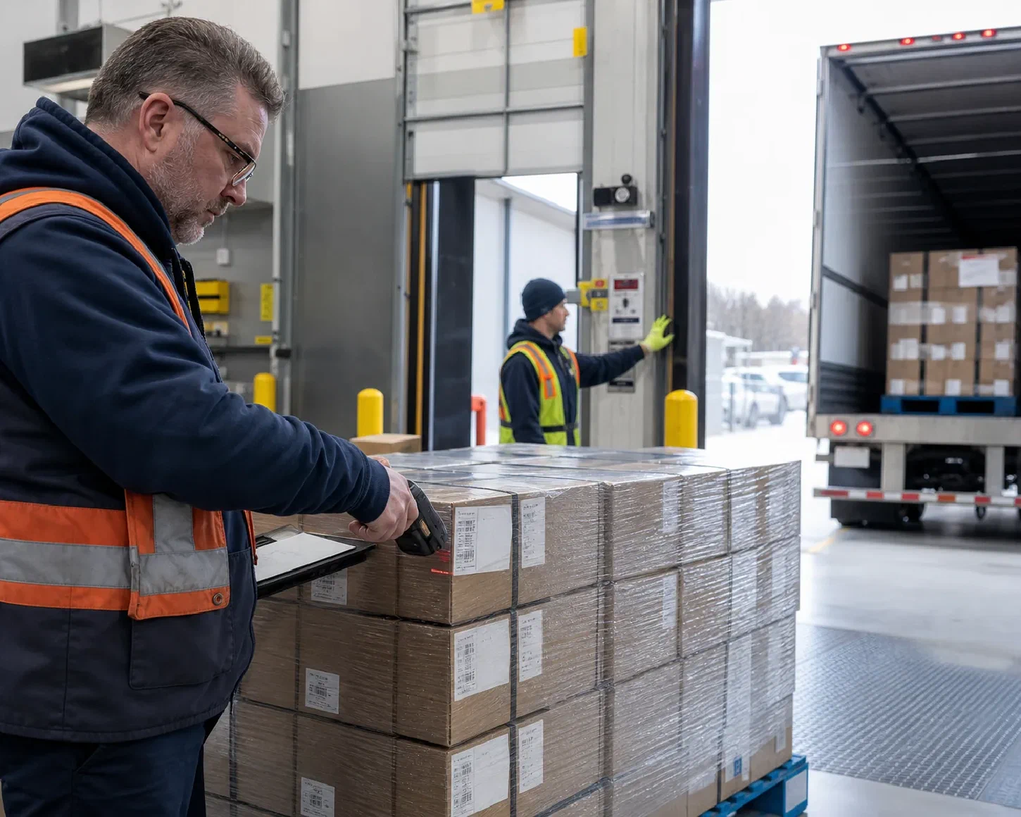 A retail pallet and carton labels being verified before carrier handoff