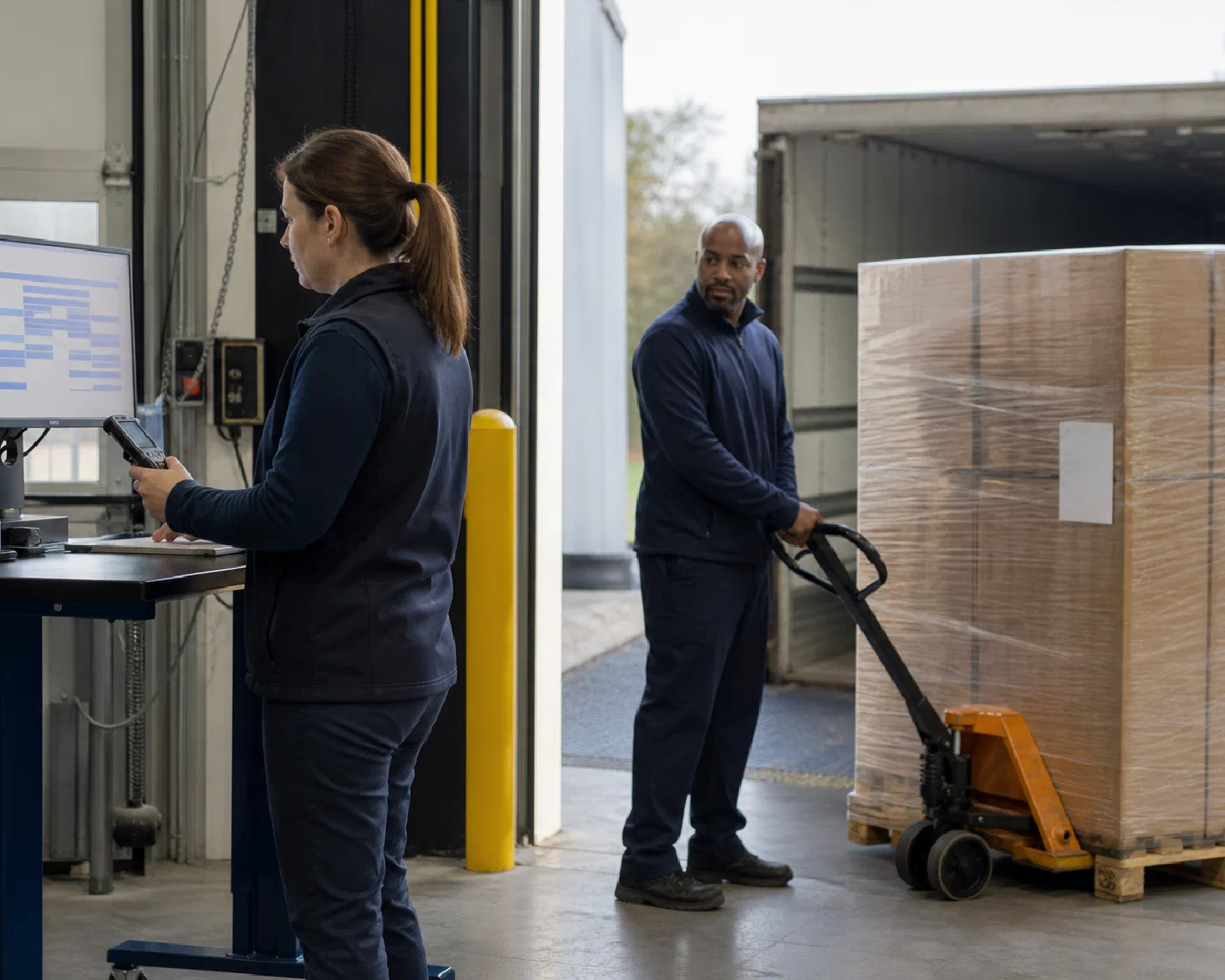 A coordinator reviewing a retail delivery schedule as a pallet waits at the dock