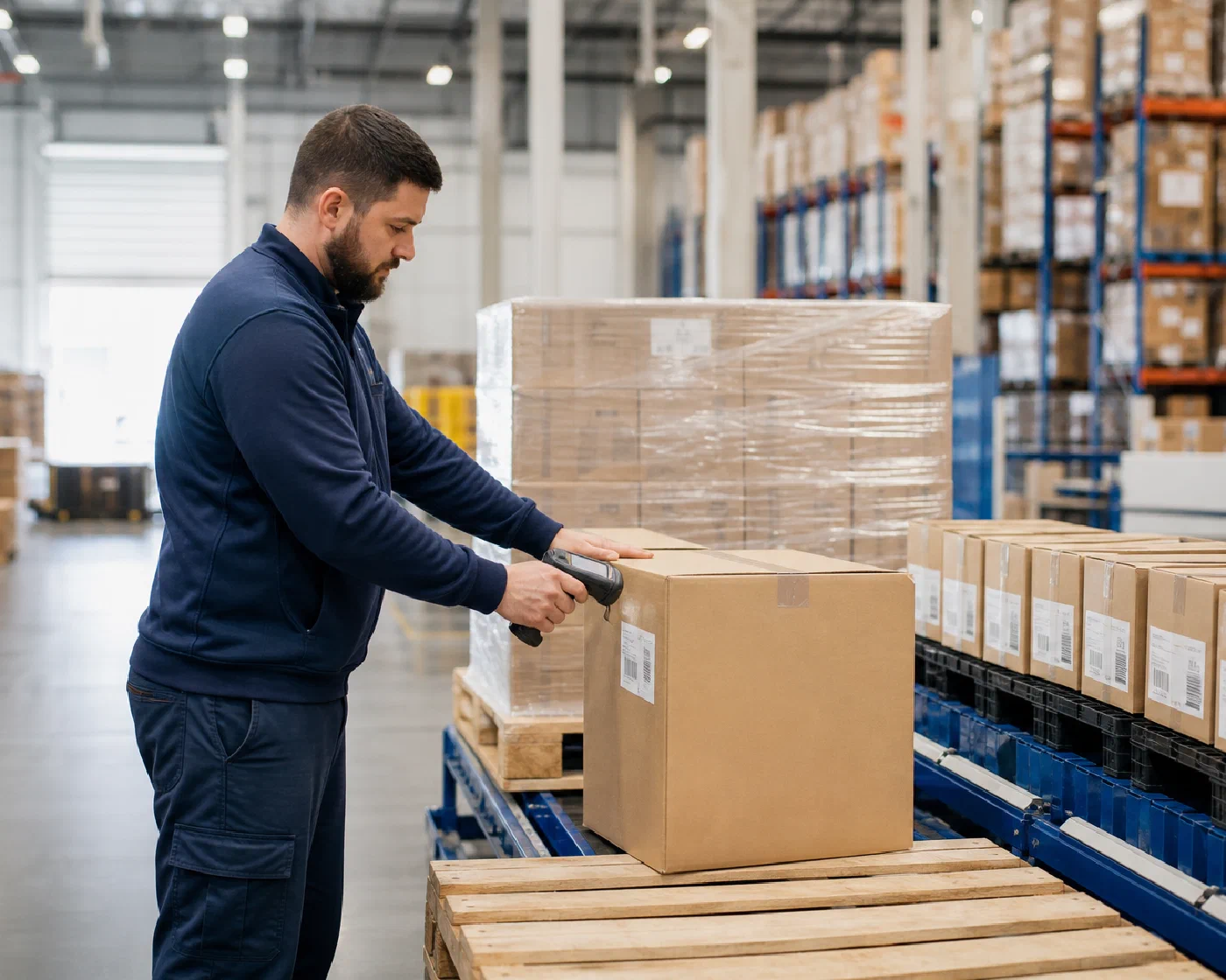 A retail fulfillment operator scanning a master carton beside a palletized order