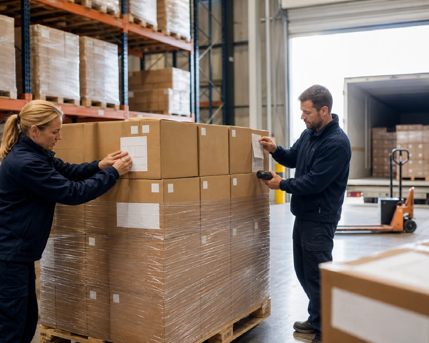 Retail cases being labeled, wrapped and checked on a warehouse pallet