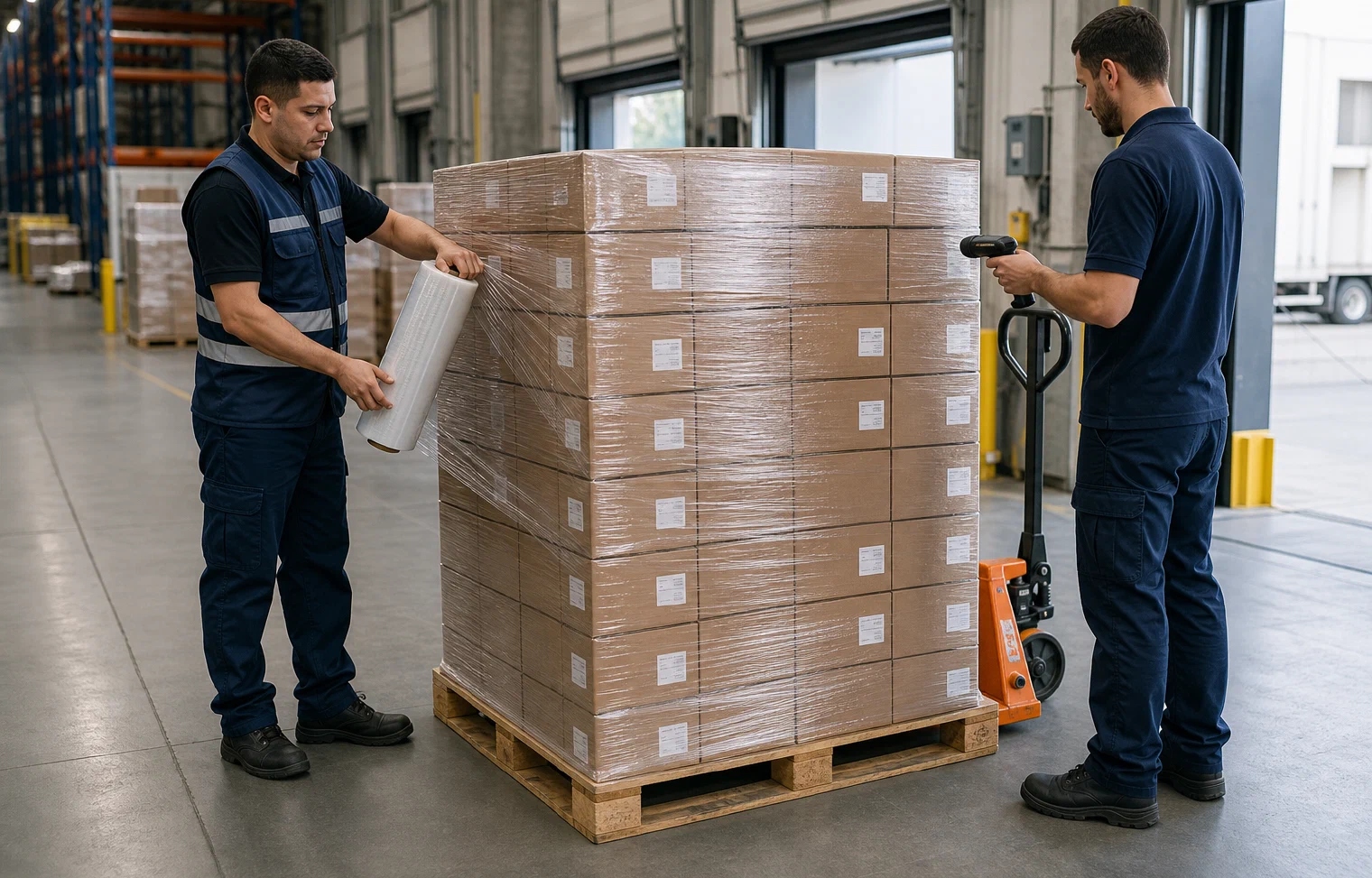 Warehouse specialists wrapping and scanning a pallet of retail cases